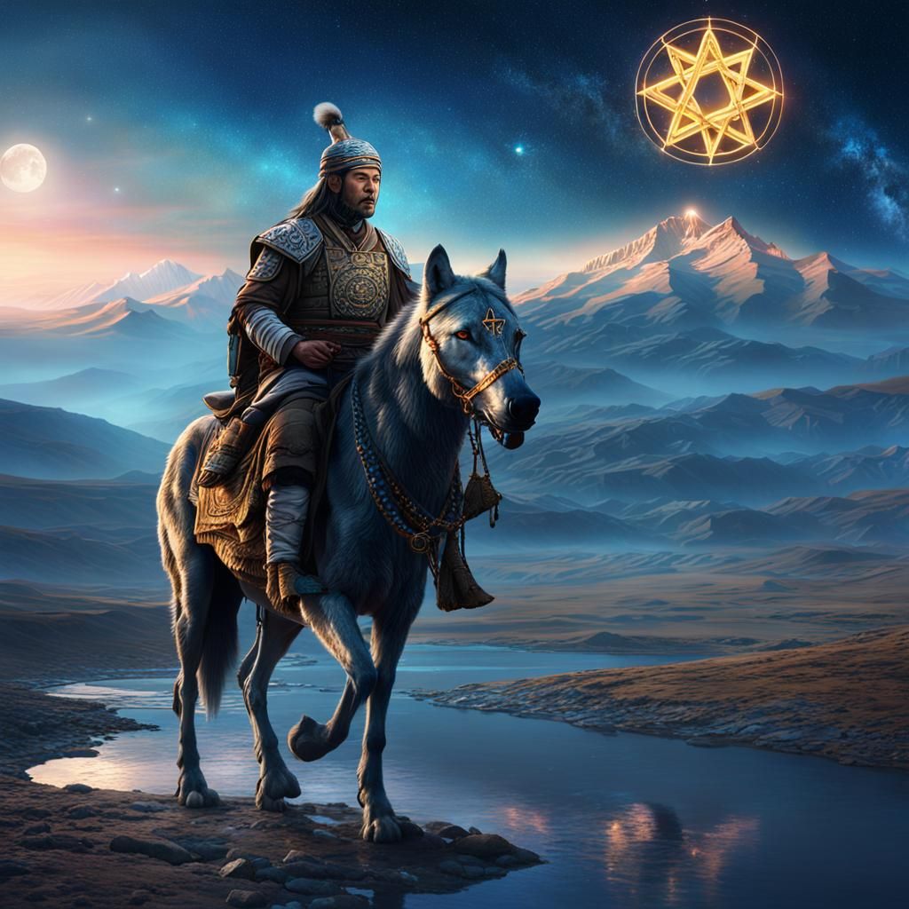 Wolf, Horseman, and Star of David in Sky