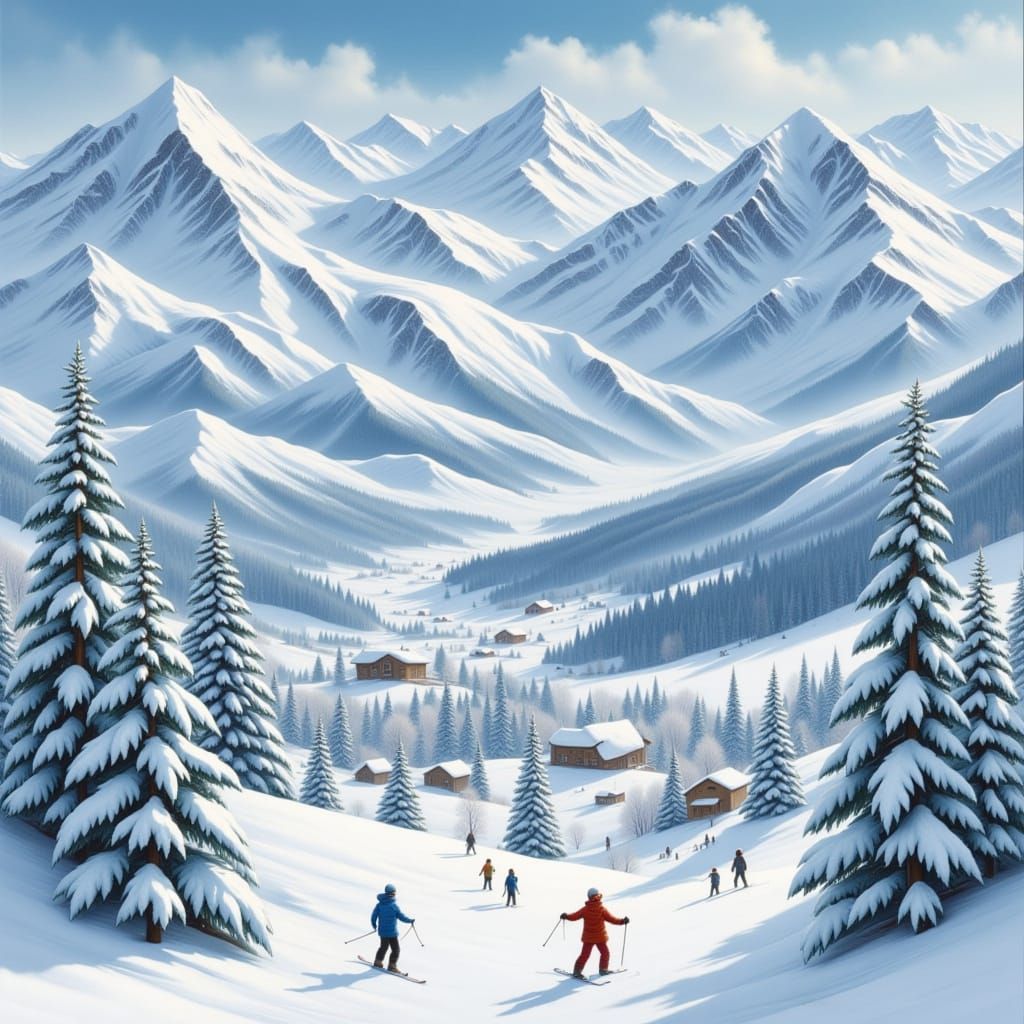 Snowy Ski Resort in Digital Painting Style