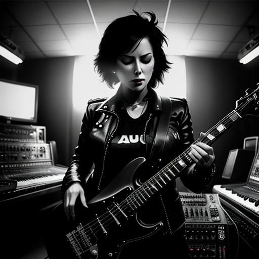 Silhouette of Punk Woman Creating Music in Dark Studio