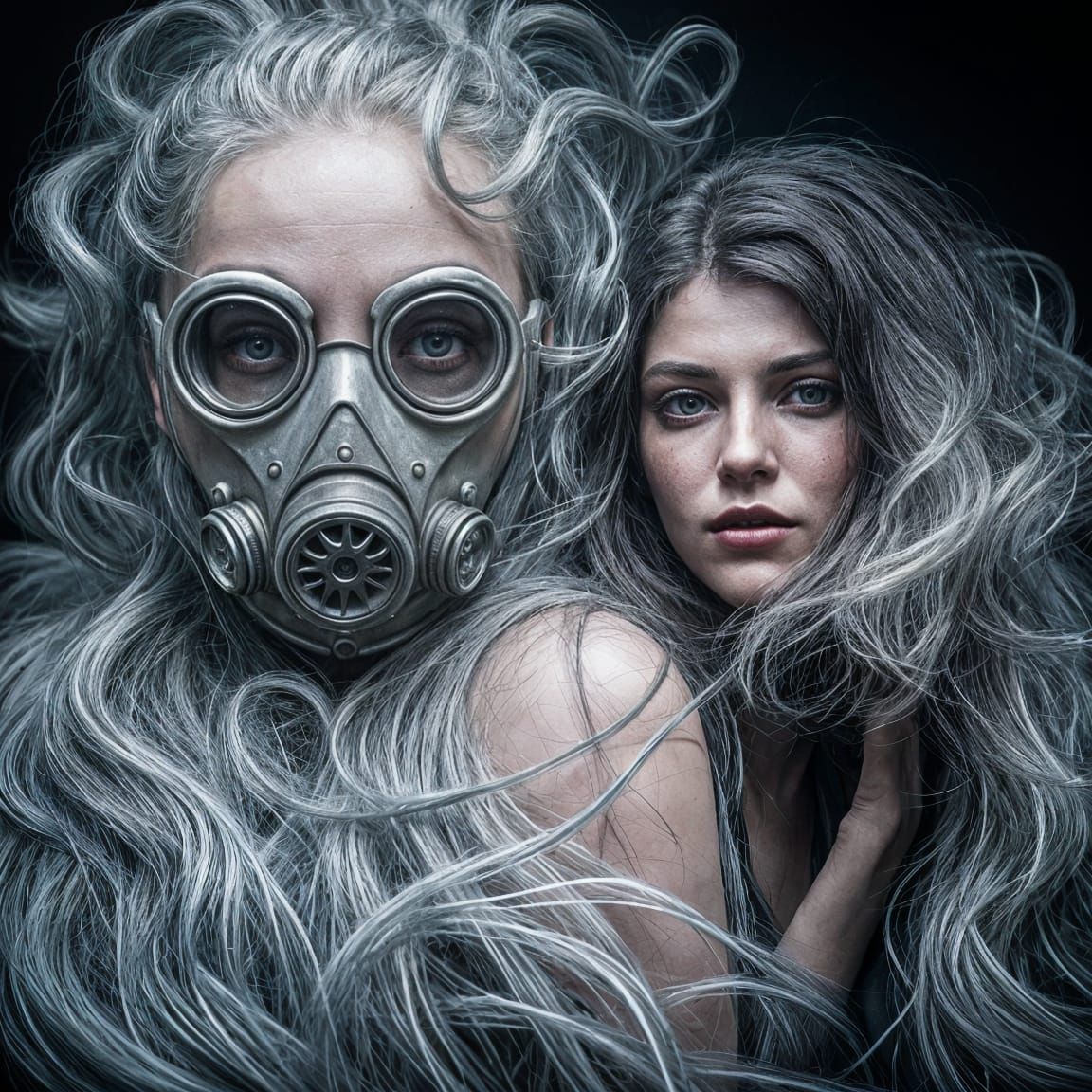 Gothic Puppeteer Controls Woman in Toxic Cyberpunk Scene