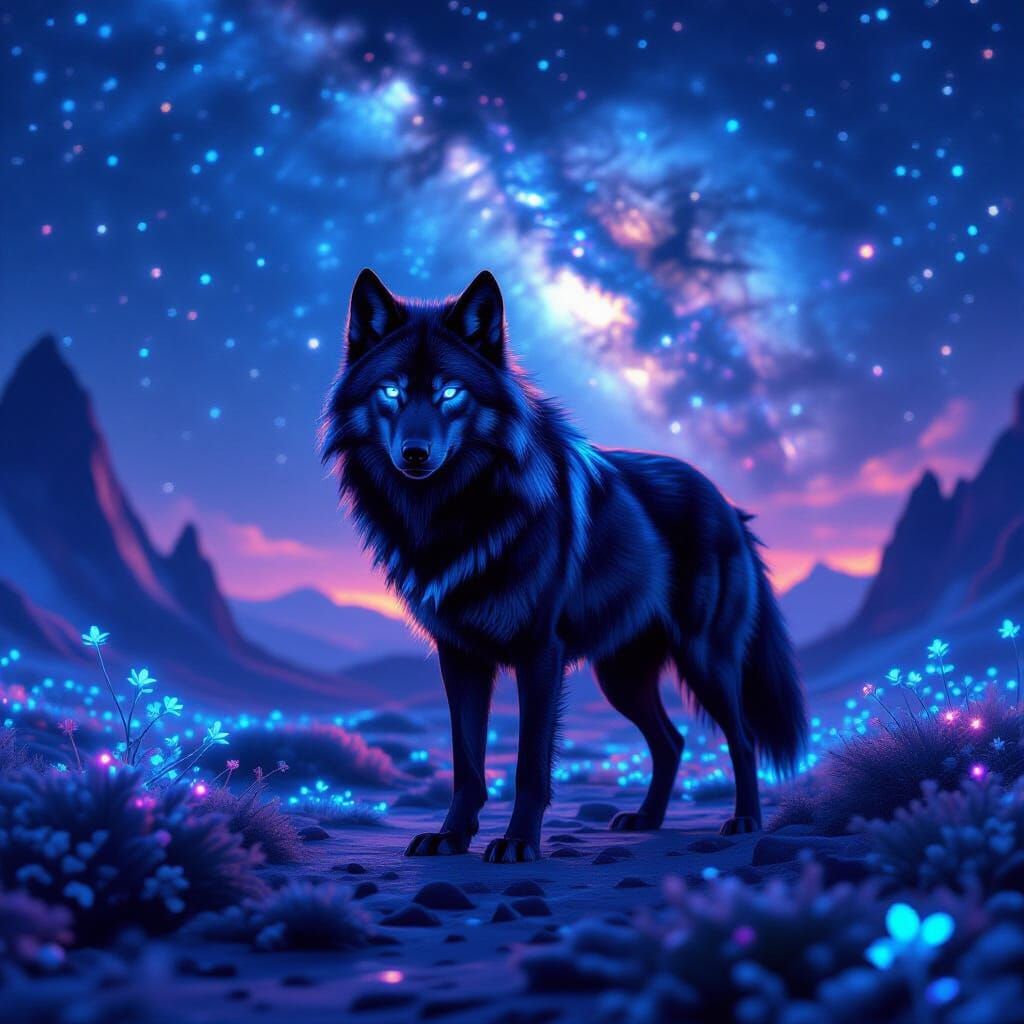Bioluminescent Wolf on Crystalline Planet Under Nebula Sky