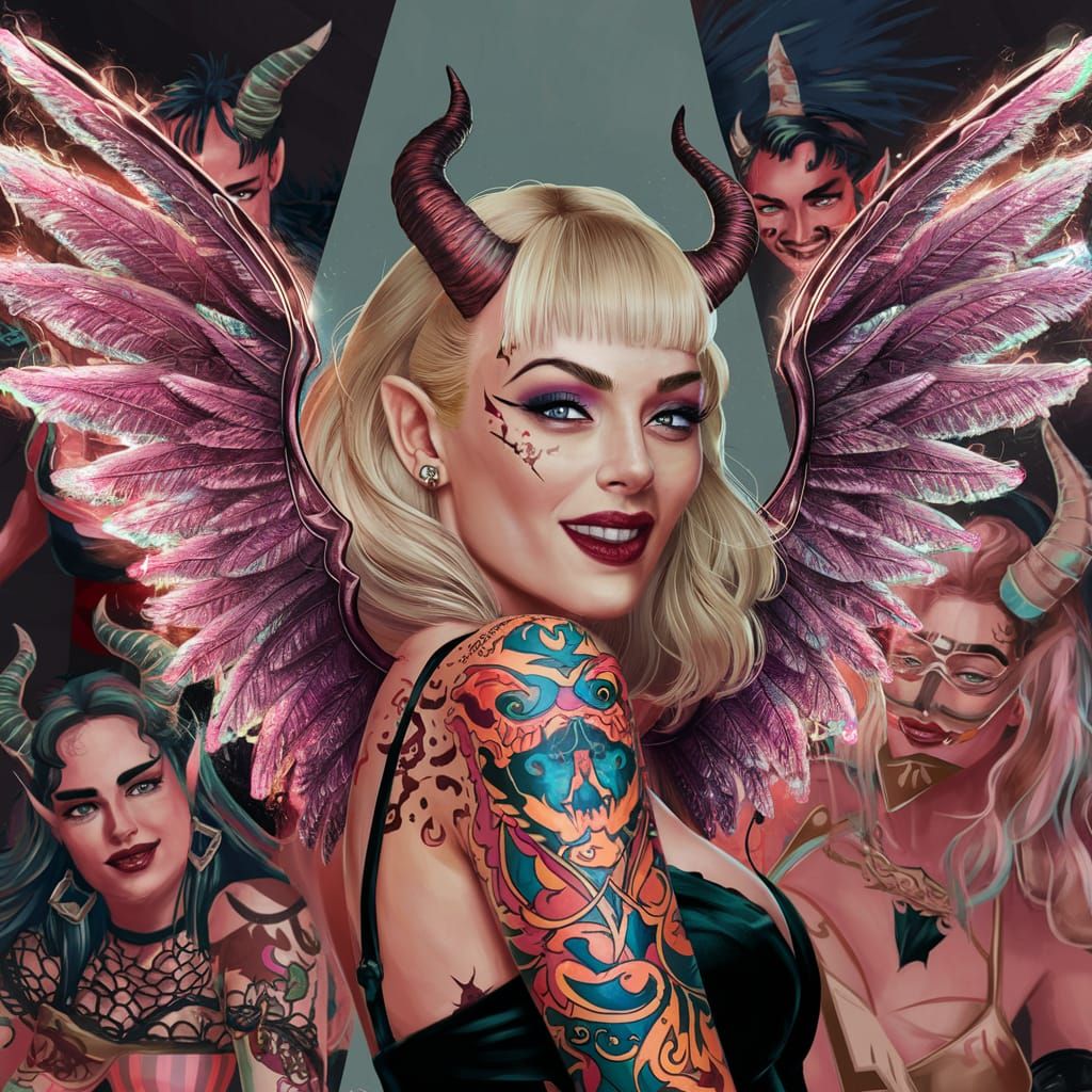 Blonde Woman with Horns, Wings, and Tattoos