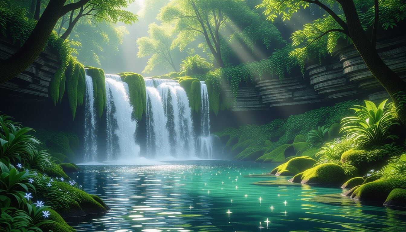 Majestic Waterfall in Sun-Dappled Forest, Photorealistic HDR