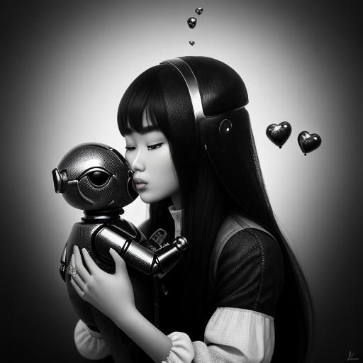 Uzbek Girl's Tender Kiss with Robot Fish in Black and White