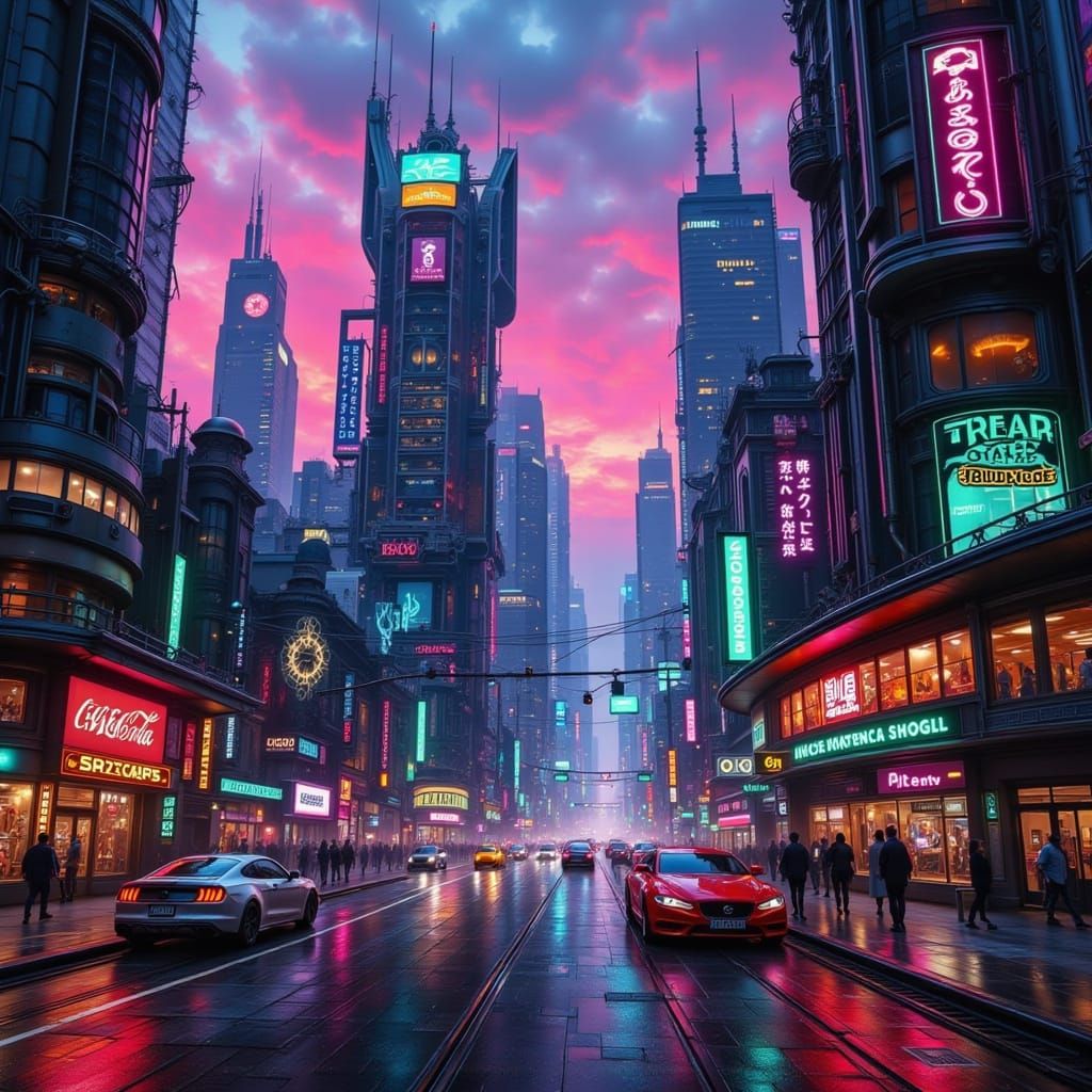 Surreal Cyberpunk Fae in Neon Cityscape