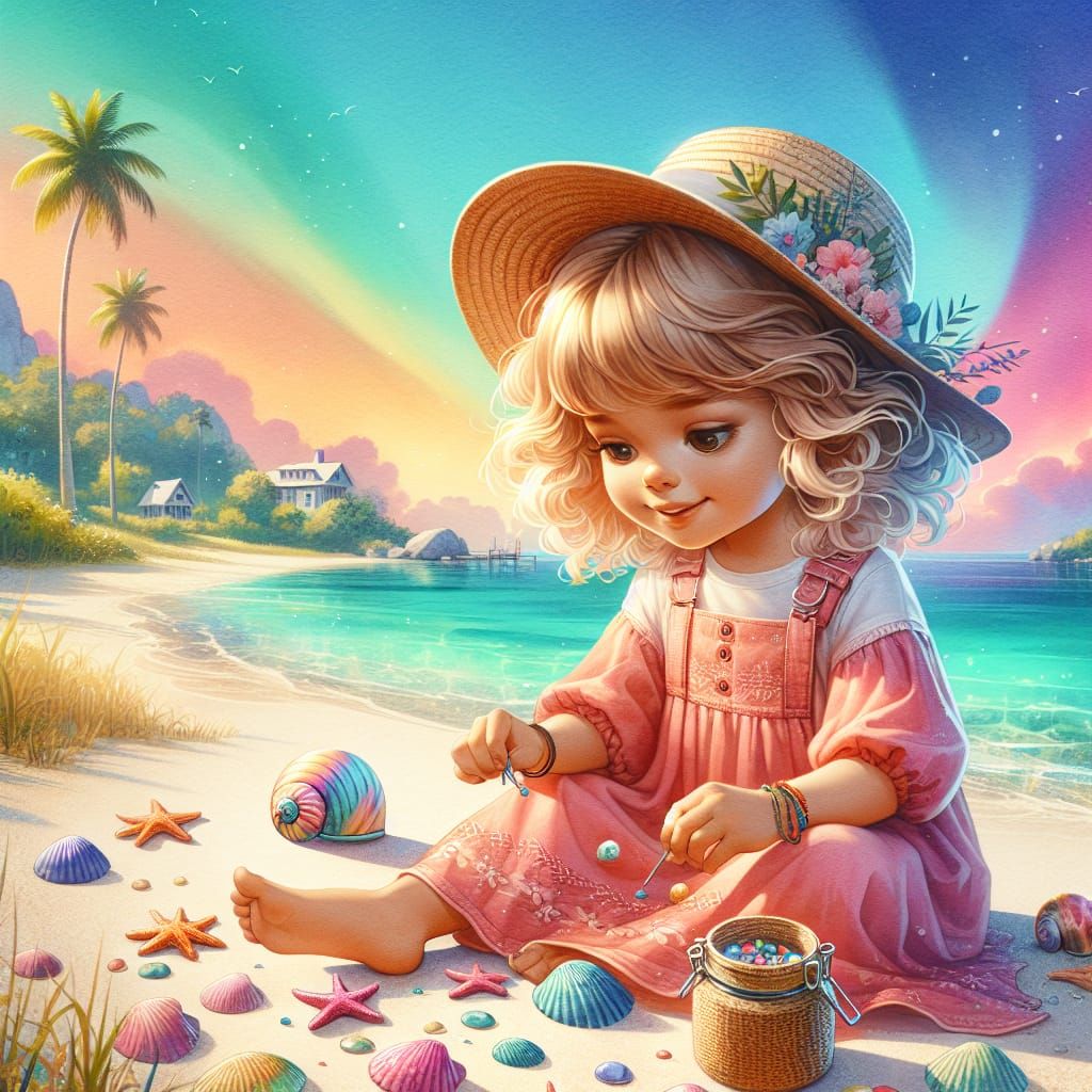 Beach Scene: Girl with Shells in 3D Digital Art
