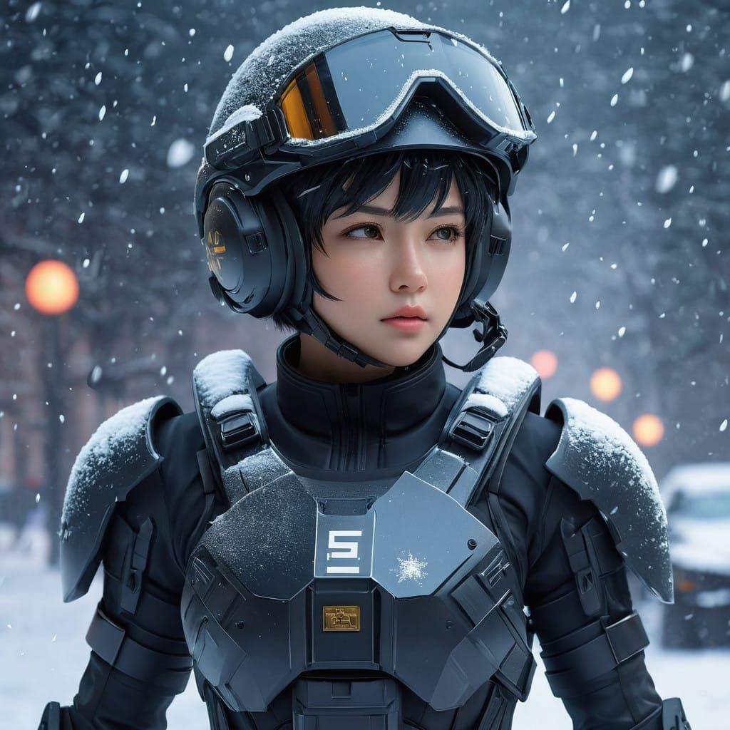 Scifi Soldier Anime Girl in a snow storm...