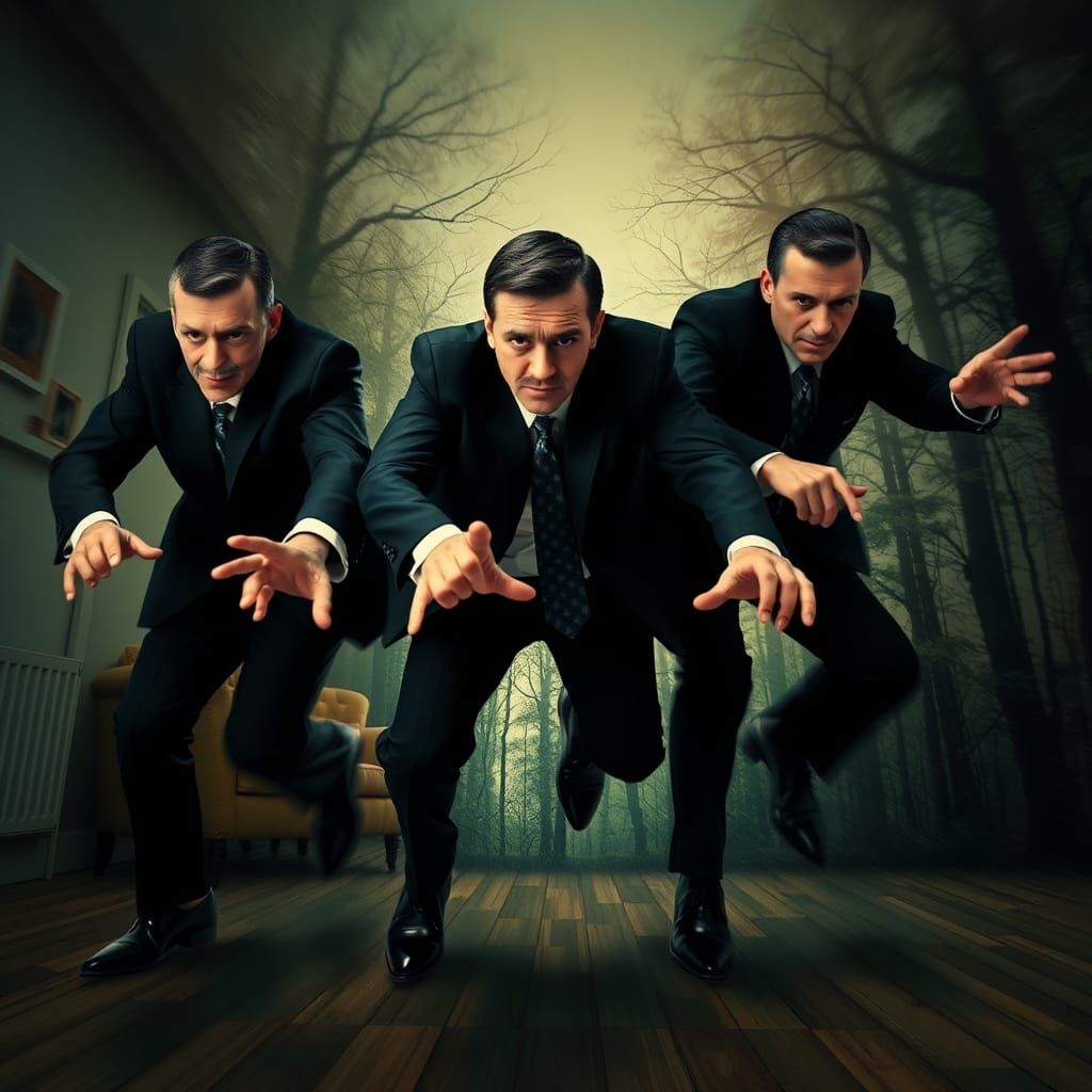 Three Men in Suits Frozen in Action