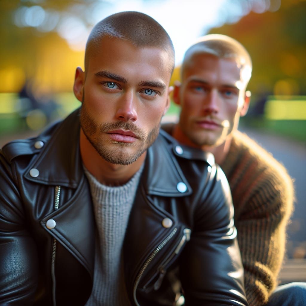 Nordic Men Relaxing on Park Bench in Autumn