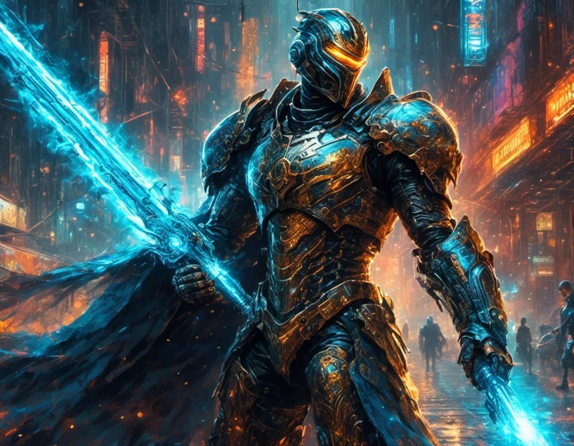 Sci-Fi Knight in Cyberpunk Cityscape