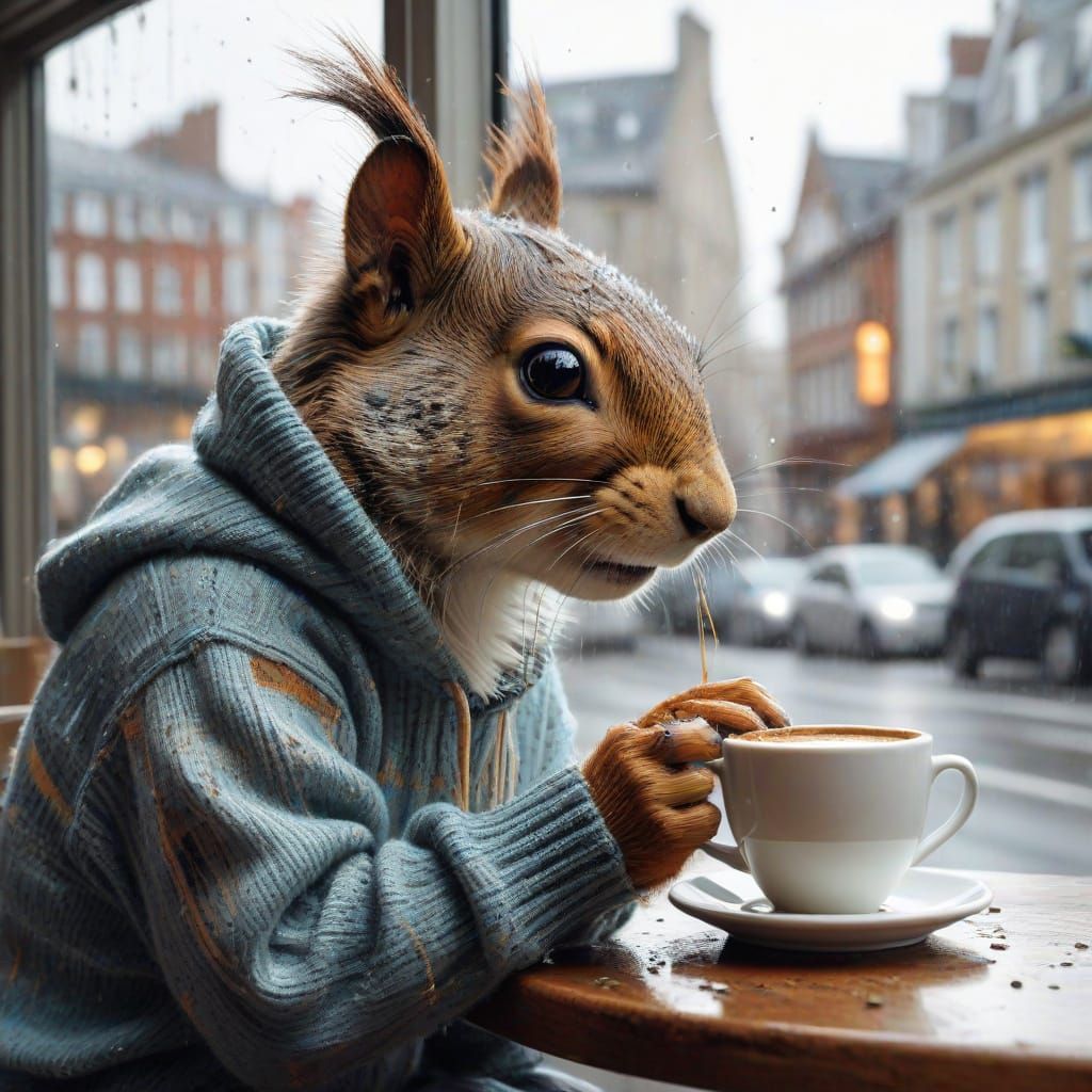 Stylish Squirrel Sips Latte by Modern Café Window