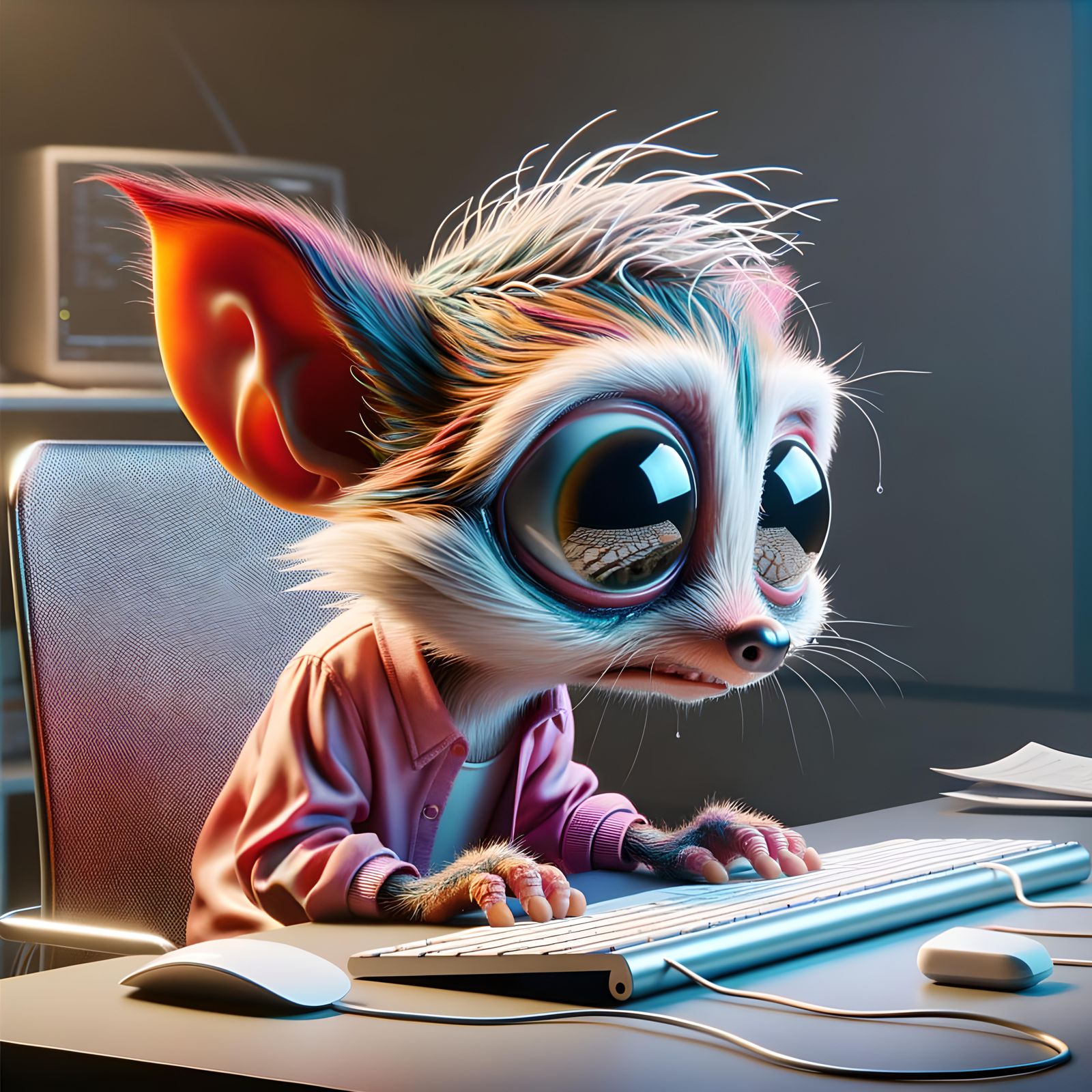 Distressed Cartoon Animal Working at Computer