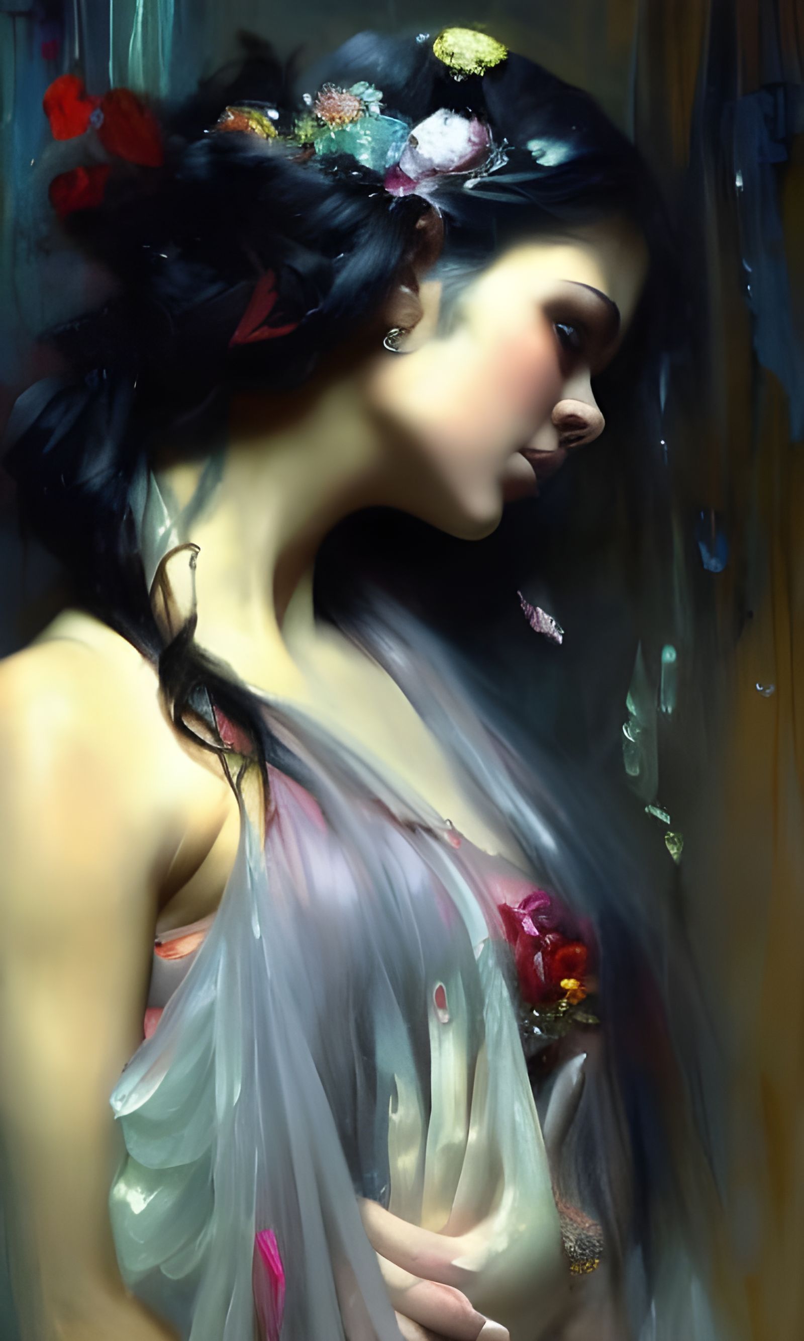 Ethereal Gothic Romance: Oil Painting in Film Noir Style