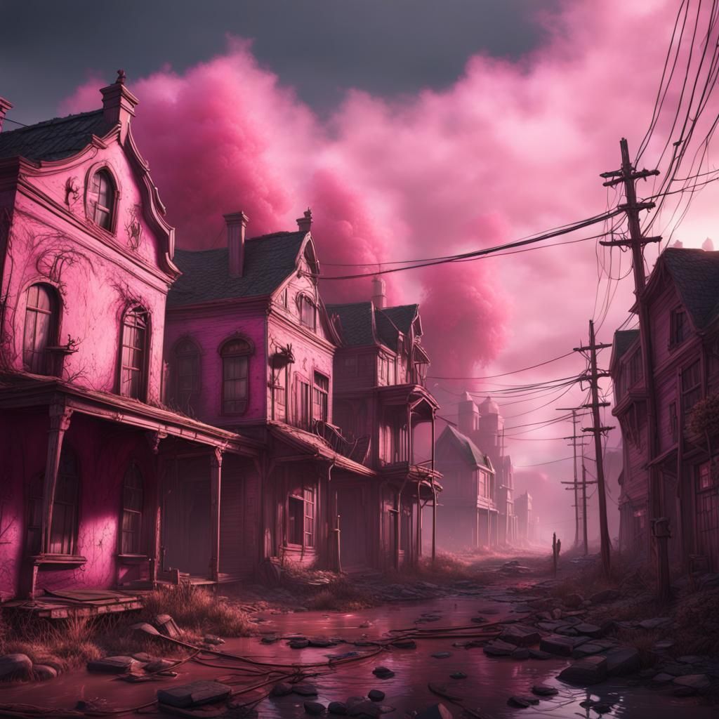 Abandoned Town in Pink Fog: Detailed Matte Painting