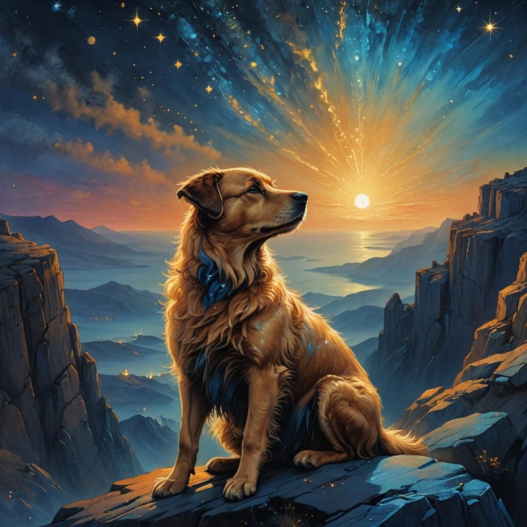 Dog on Starry Cliffside: Cosmic Fantasy Art