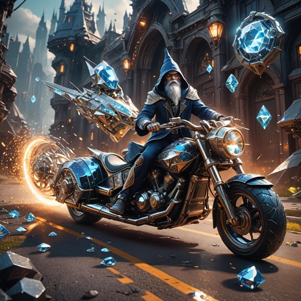 Wizard on Diamond Motorcycle in Fantasy Art Style