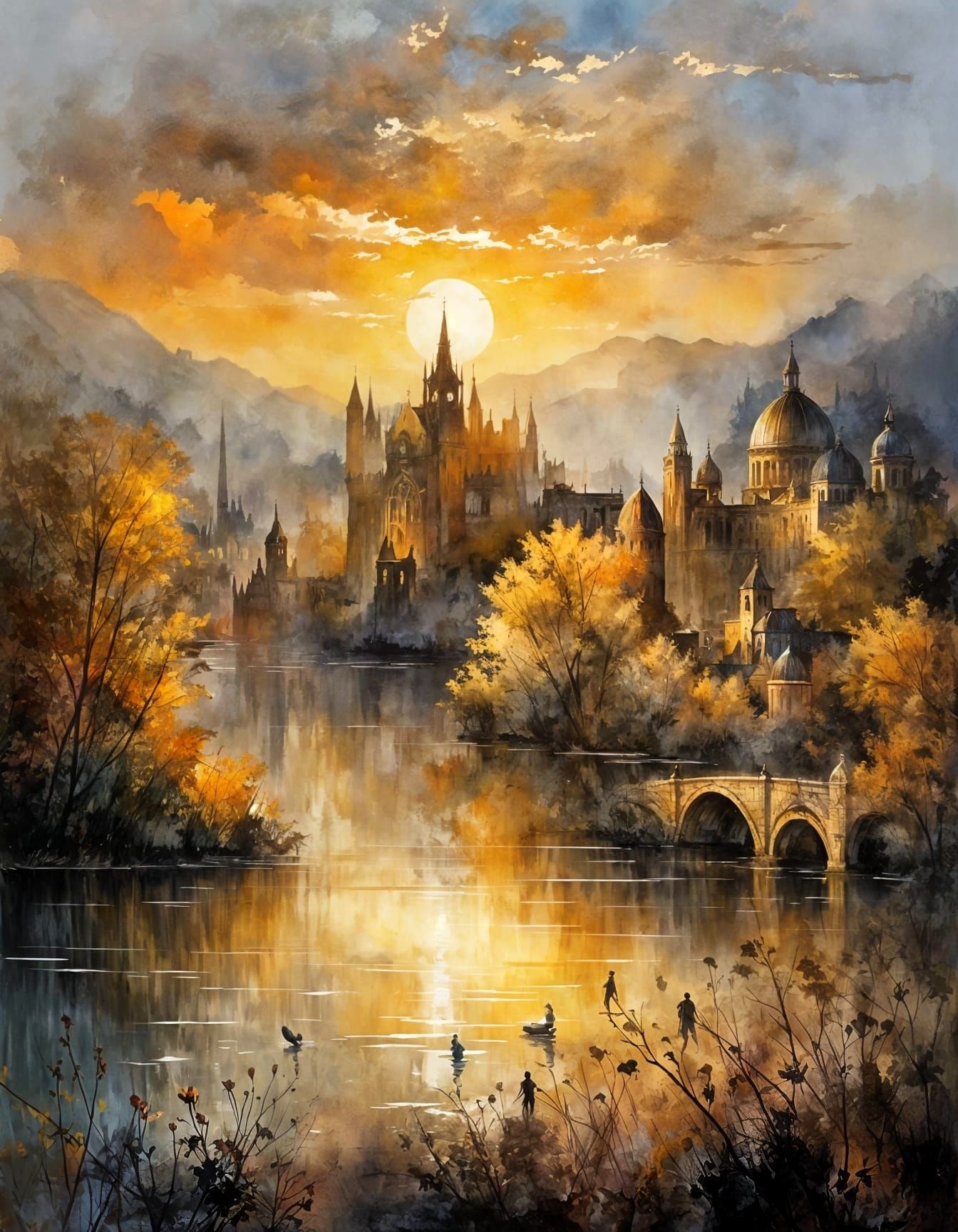 Mysterious Ruined Cityscape in Vibrant Sunset Light