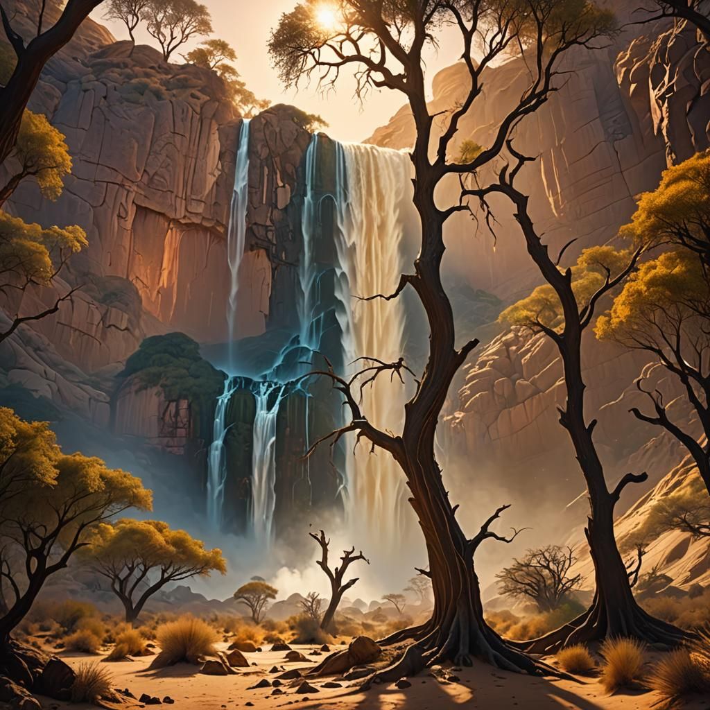 Desert Waterfall in a Fantastical Digital Painting