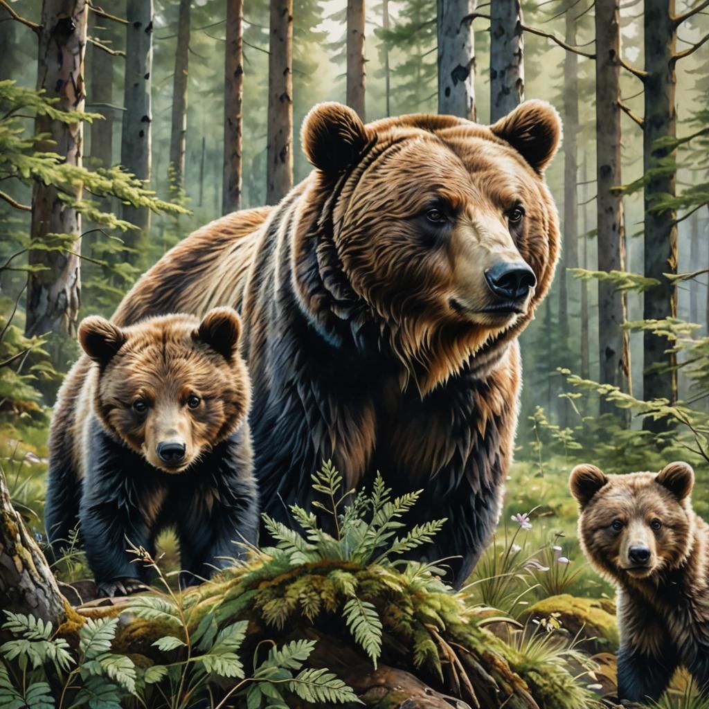 Bear Family in Spring: A Watercolor Masterpiece
