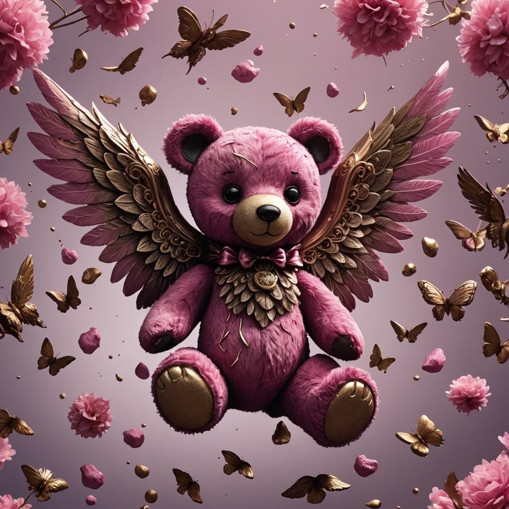 Pink Teddy Bear with Bronzed Wings in Matte Painting Style