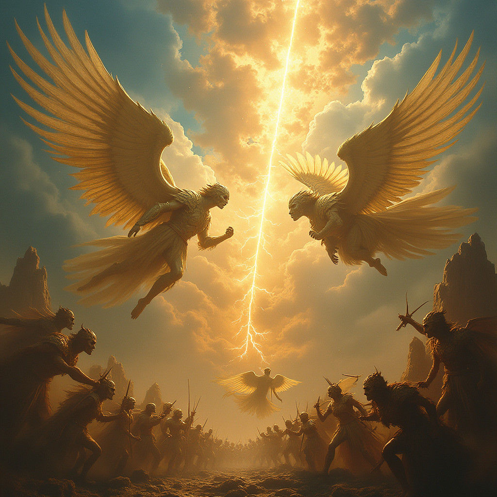 Celestial Battle: Winged Warriors Clash in Heaven