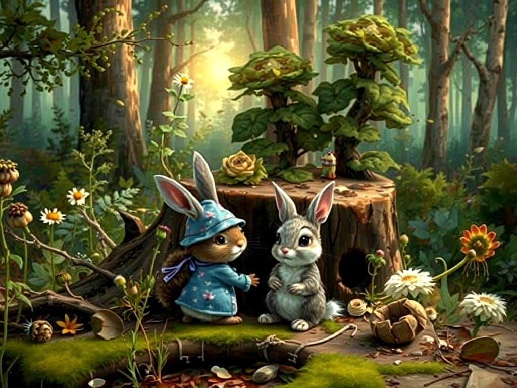 Bunny and Squirrel in Wildflowers: Hyperrealistic HDR Image