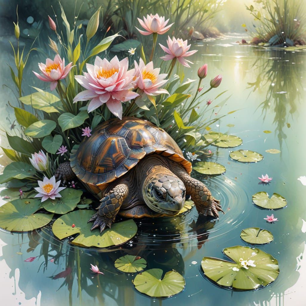 Tortoise Hatchling Emerges in Spring Pond, as Watercolour Pa...