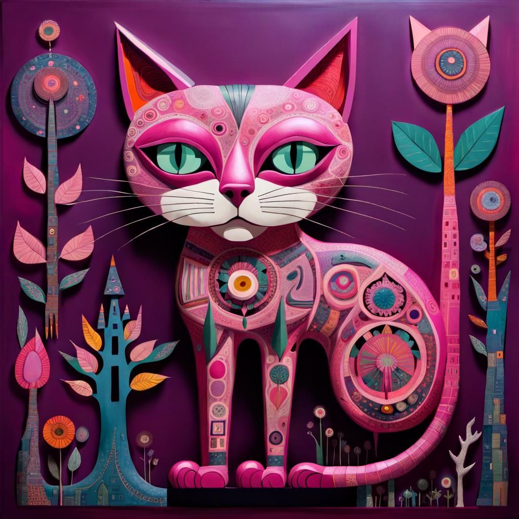 Whimsical 3D Magenta Cat Inspired by Outsider Art
