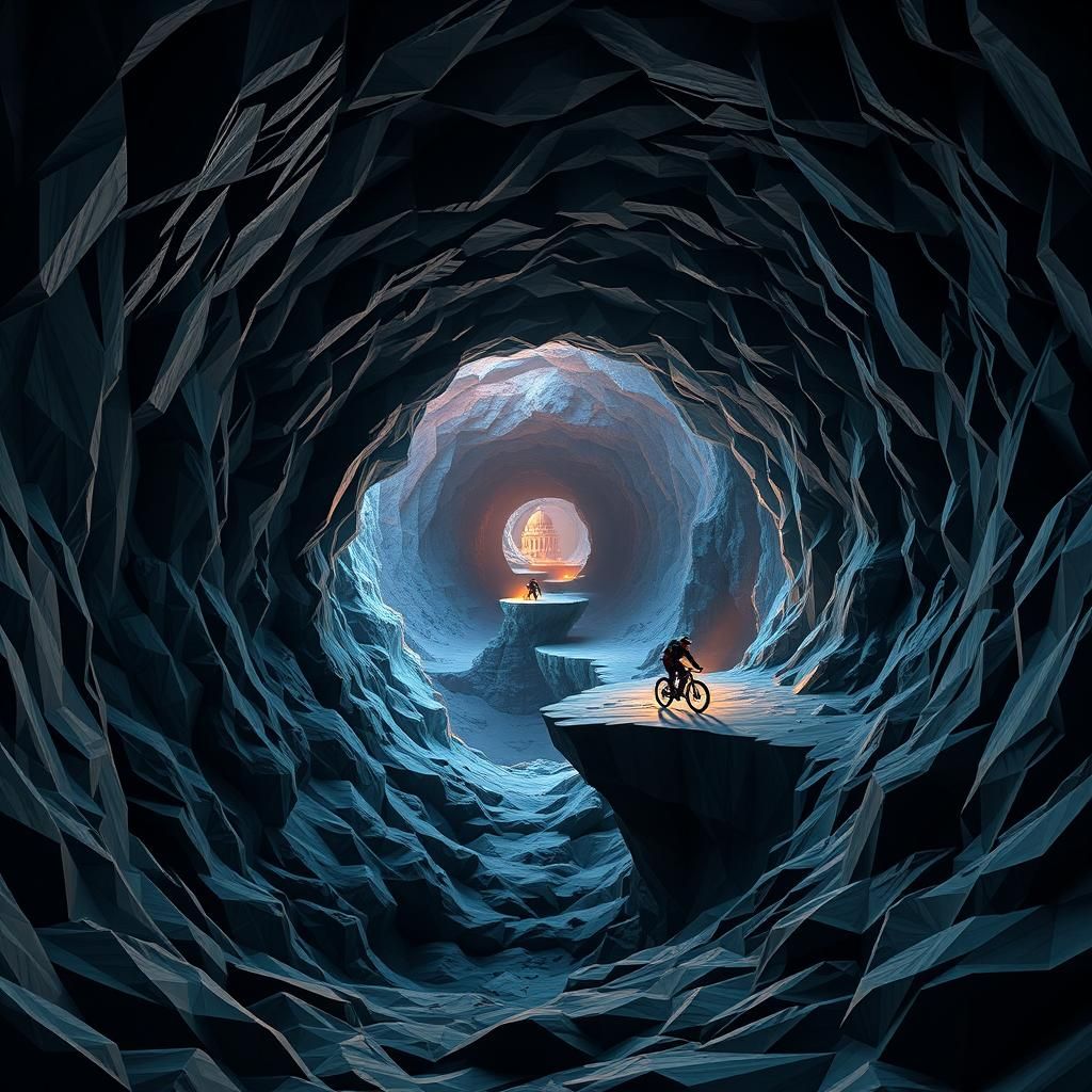 Low Poly Cavern: Mountain Biker on Spiraling Ledge