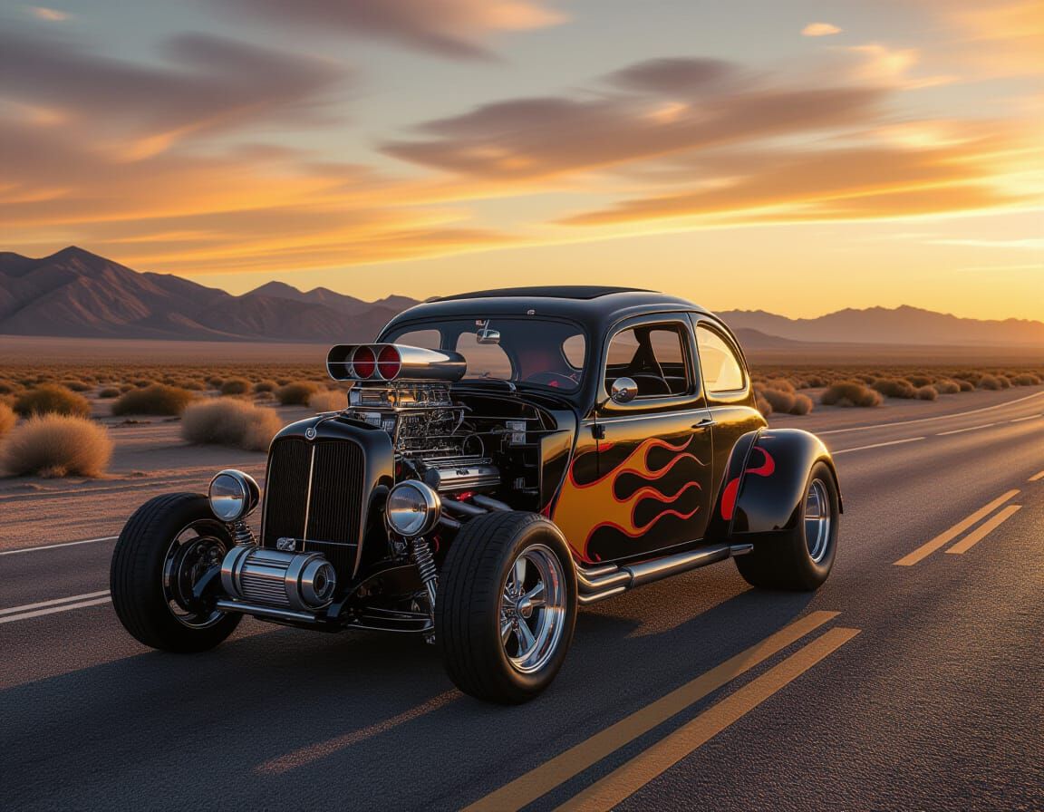 Custom 1960s VW Beetle Hot Rod on Desert Highway
