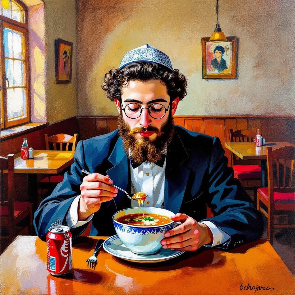 Yeshiva Student Enjoying Cholent in Expressive Style