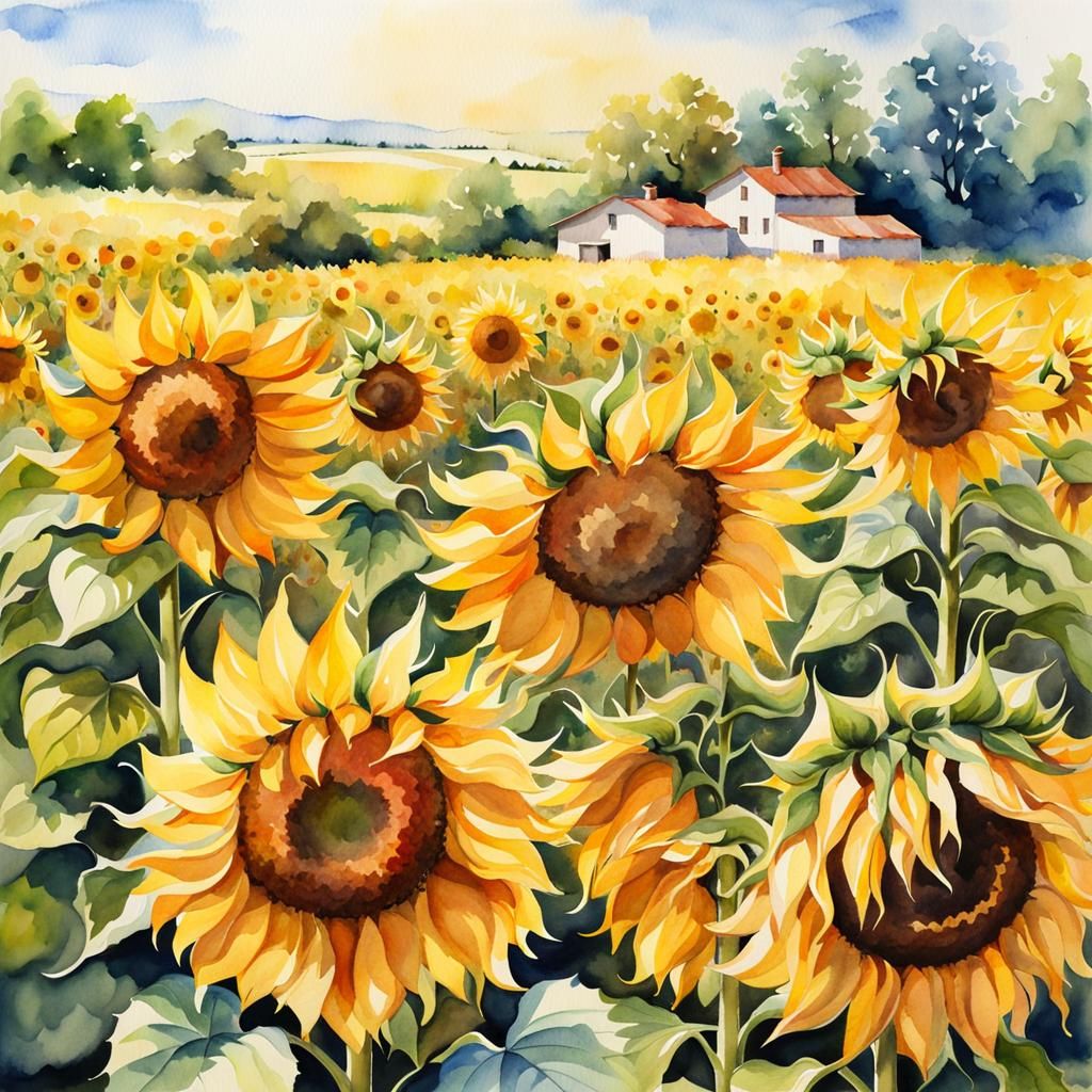 Watercolor field of sunflowers