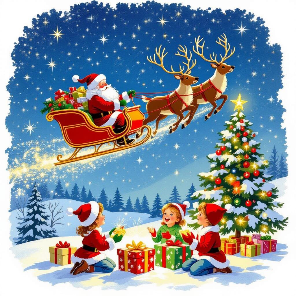 Santa's Sleigh Flies Over Joyful Children on Christmas Night