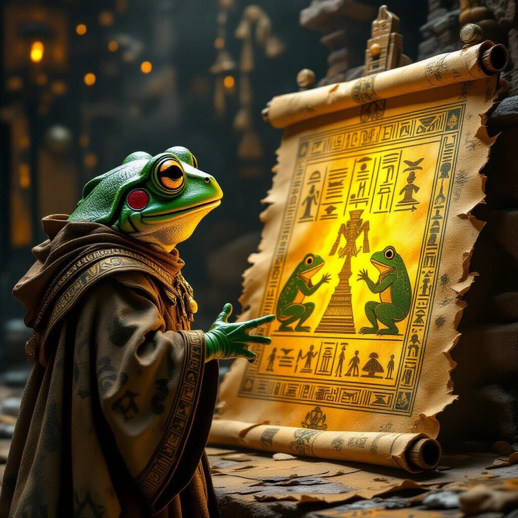 Astonished Frog Reads Papyrus in Digital Art Style