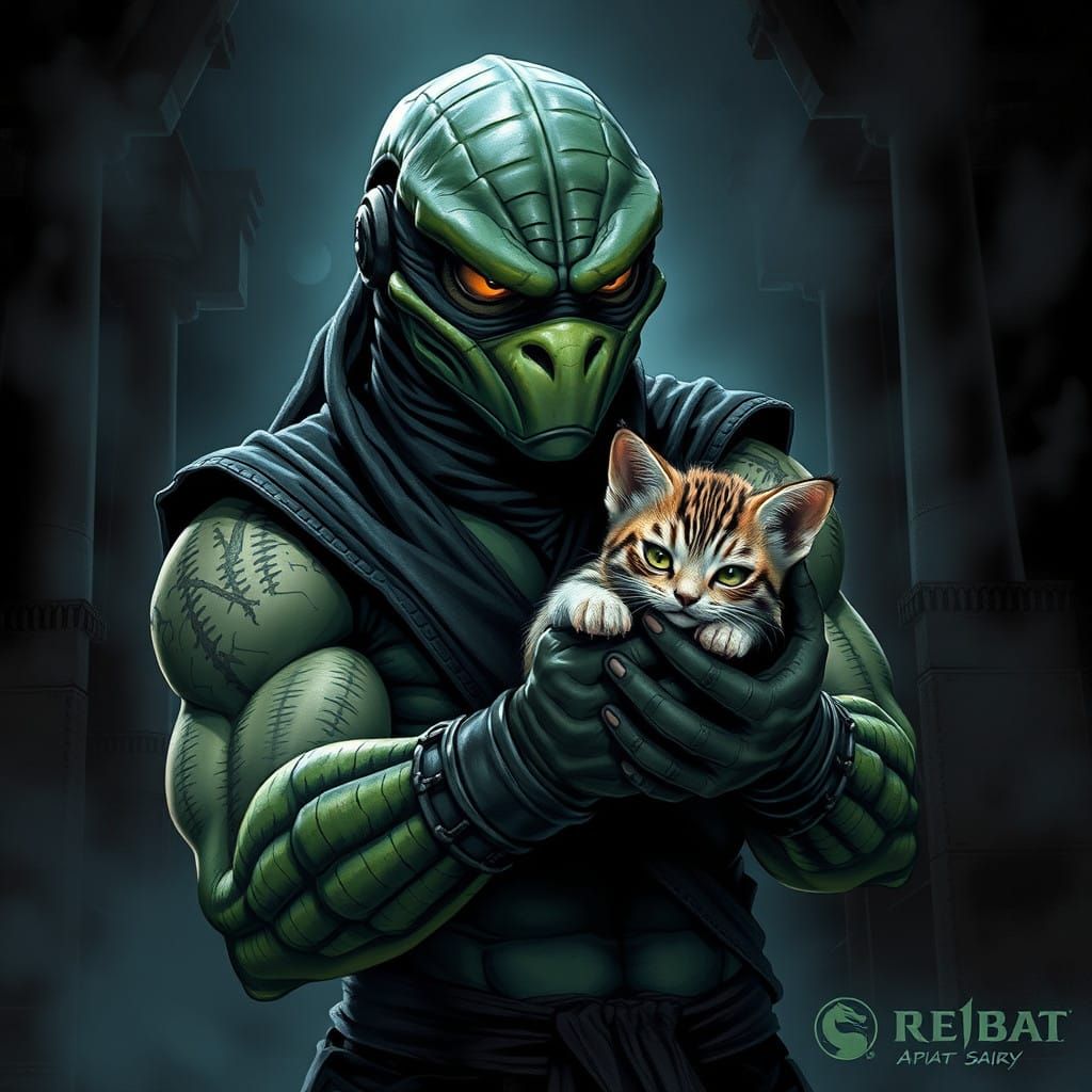 Reptile Cradles a Kitten in Ancient Temple