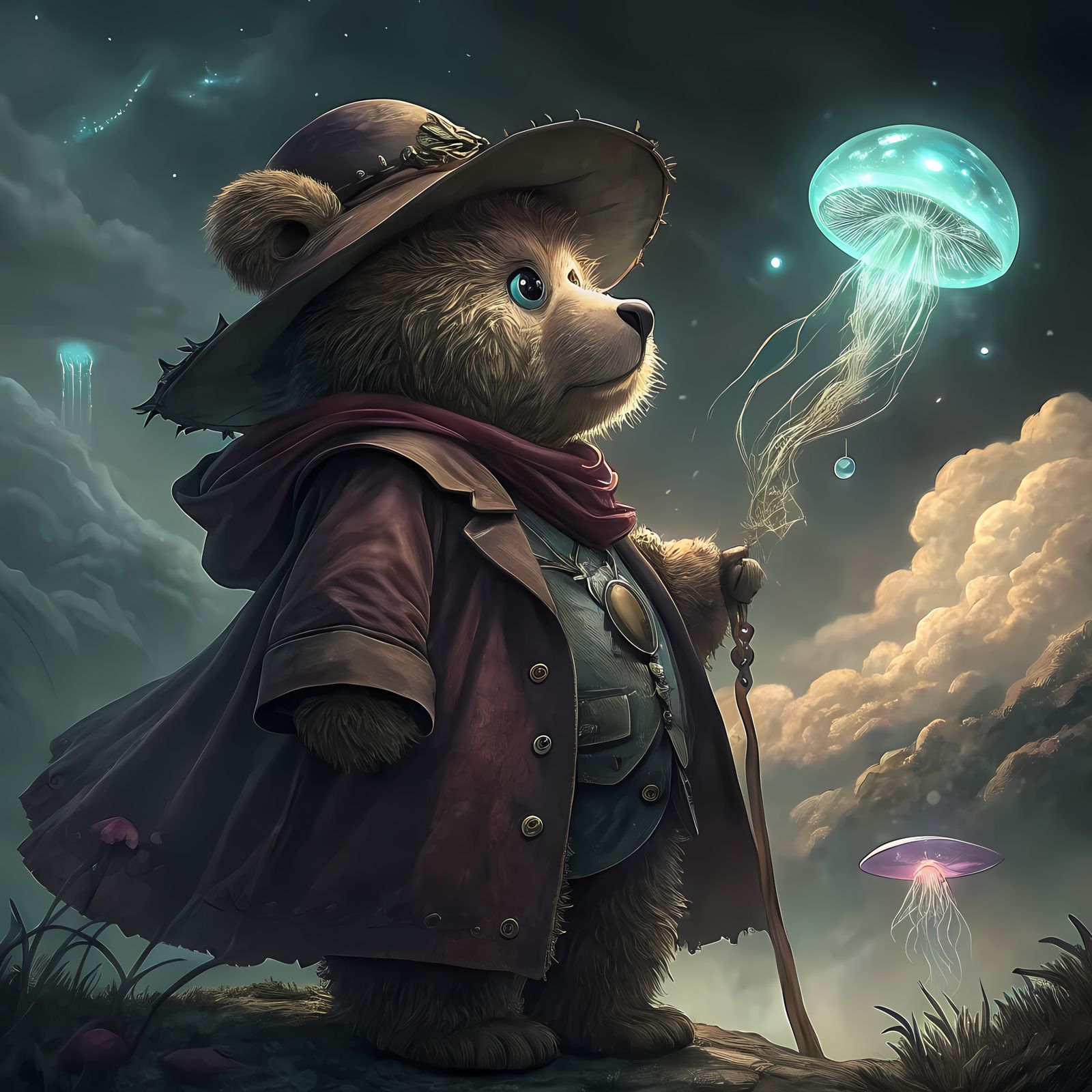 Teddy Bear Gazer: Eerie Dreamscape of Awe