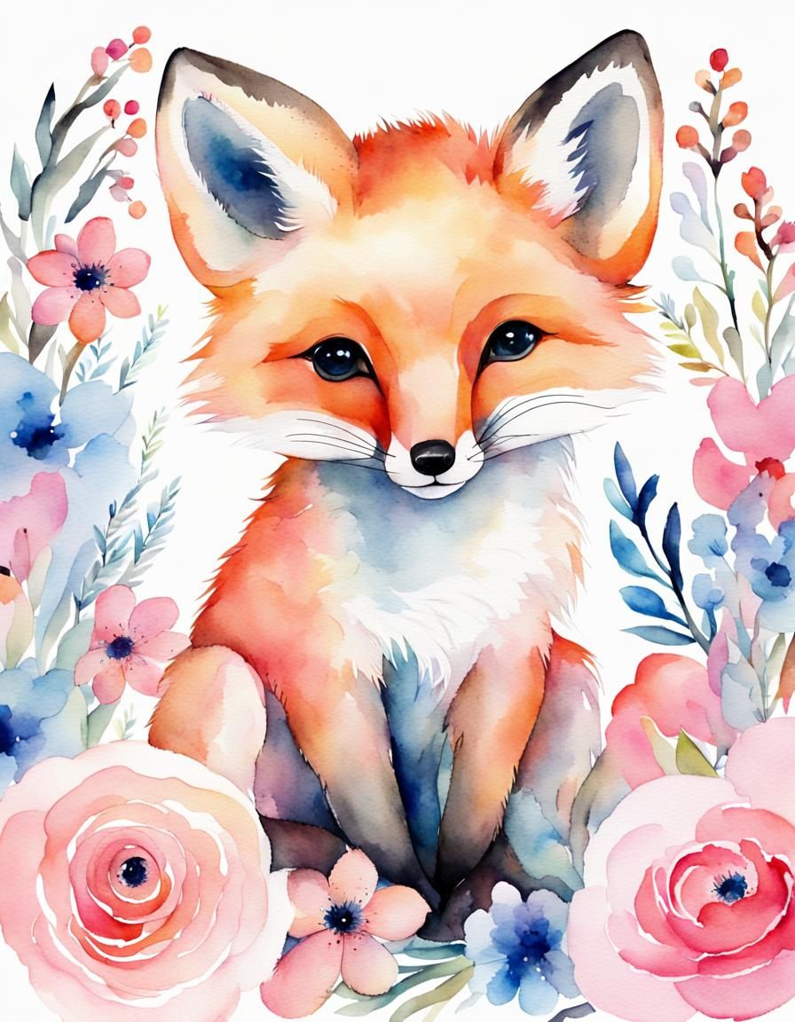 Watercolor Baby Fox with Floral in Dreamy Light