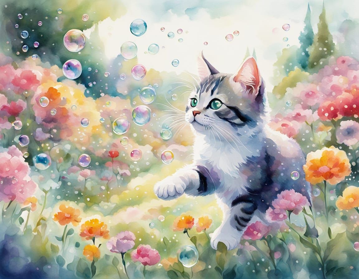 Playful Kitten Chasing Bubbles in Watercolor Garden