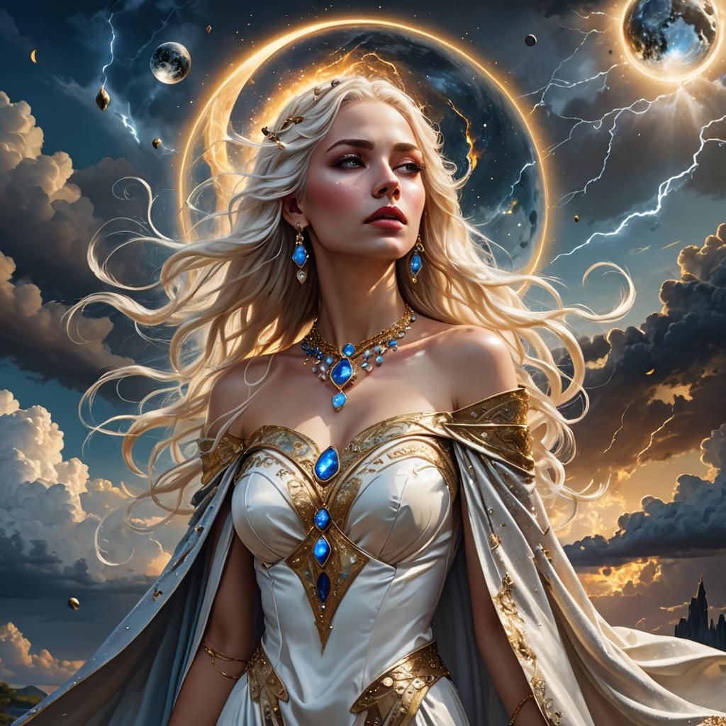 Goddess with Platinum Hair and Crystal Balls