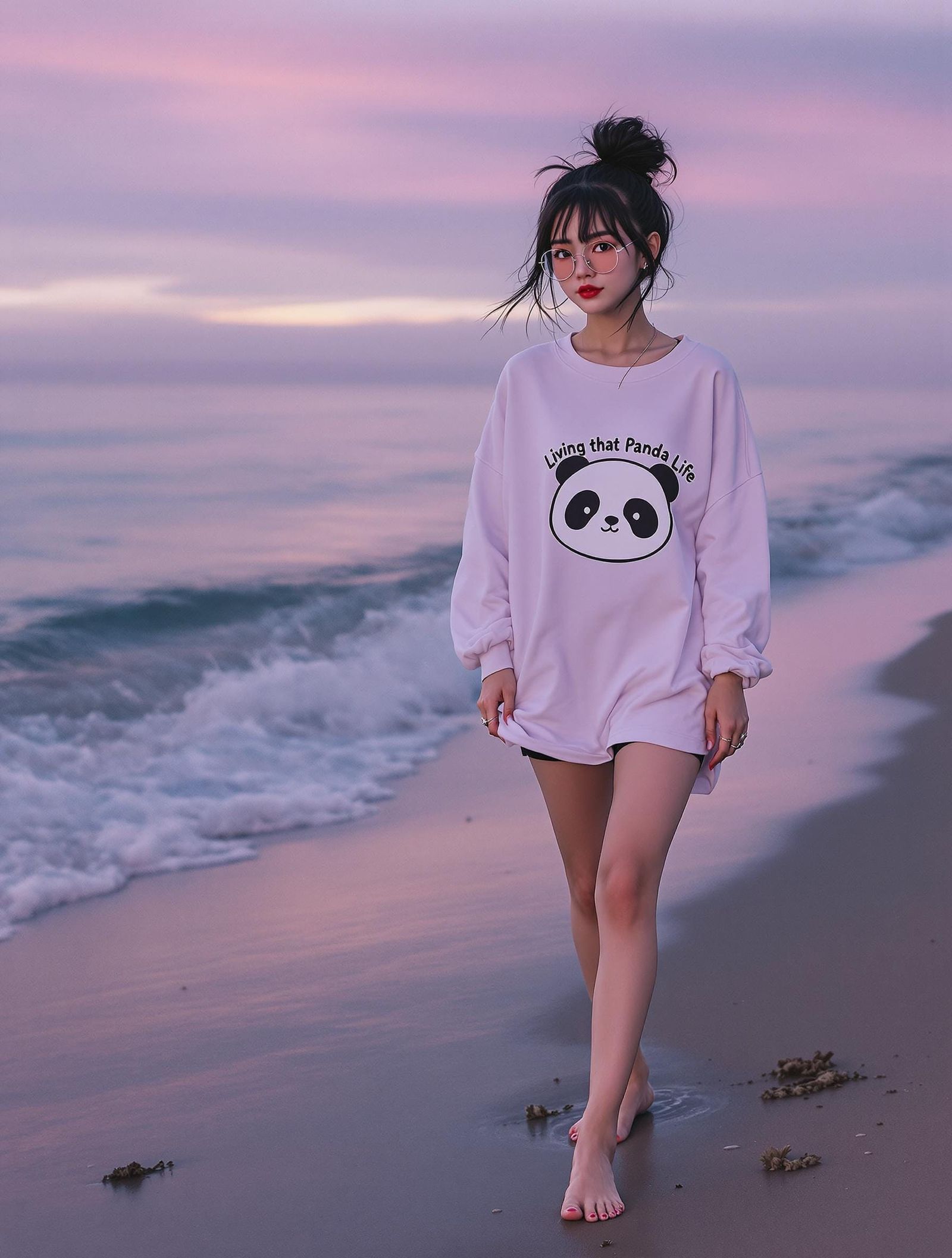 Ethereal Asian Emo Woman Strolls Serene Twilight Beach