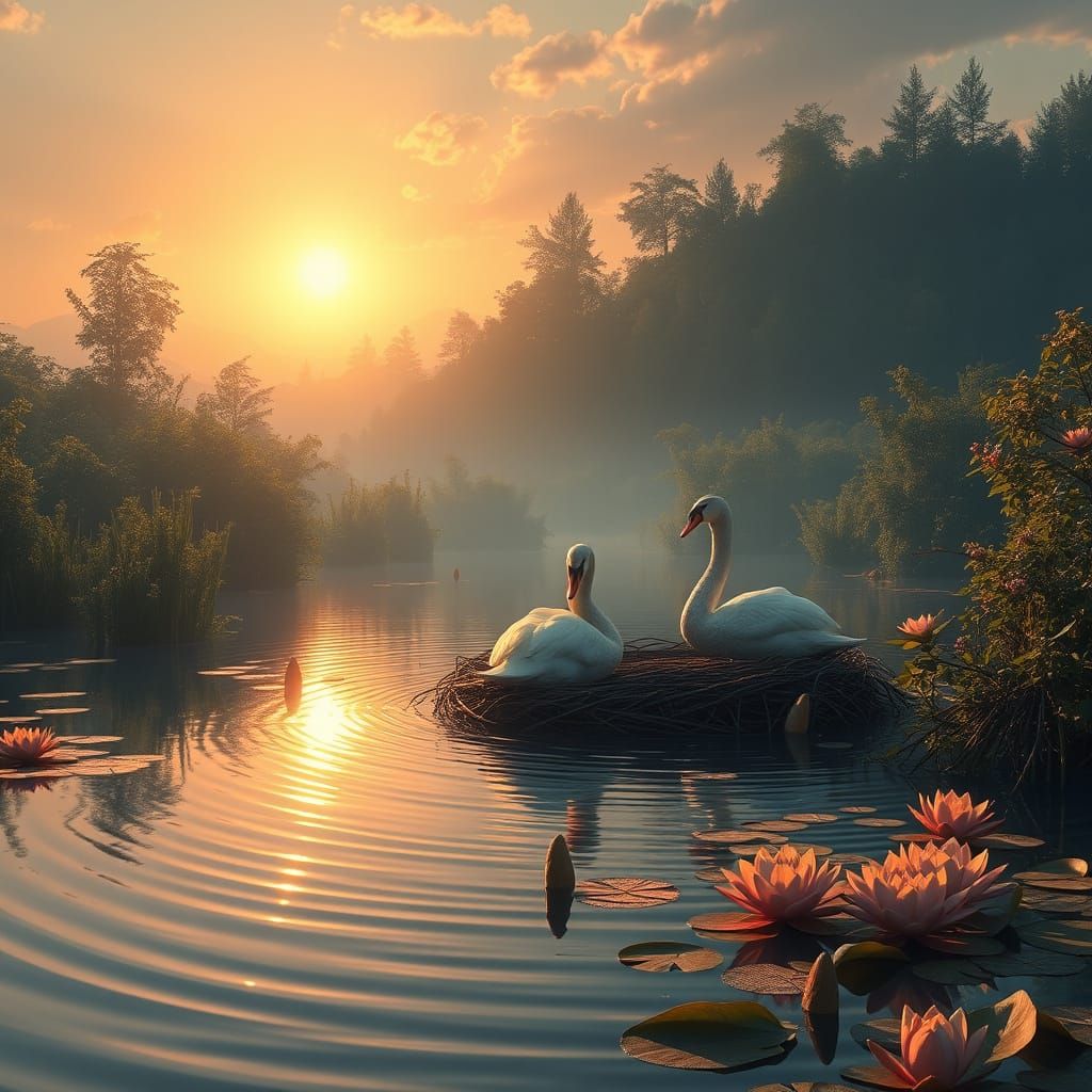 Majestic Swans Nest Amidst Vibrant Lake Scene