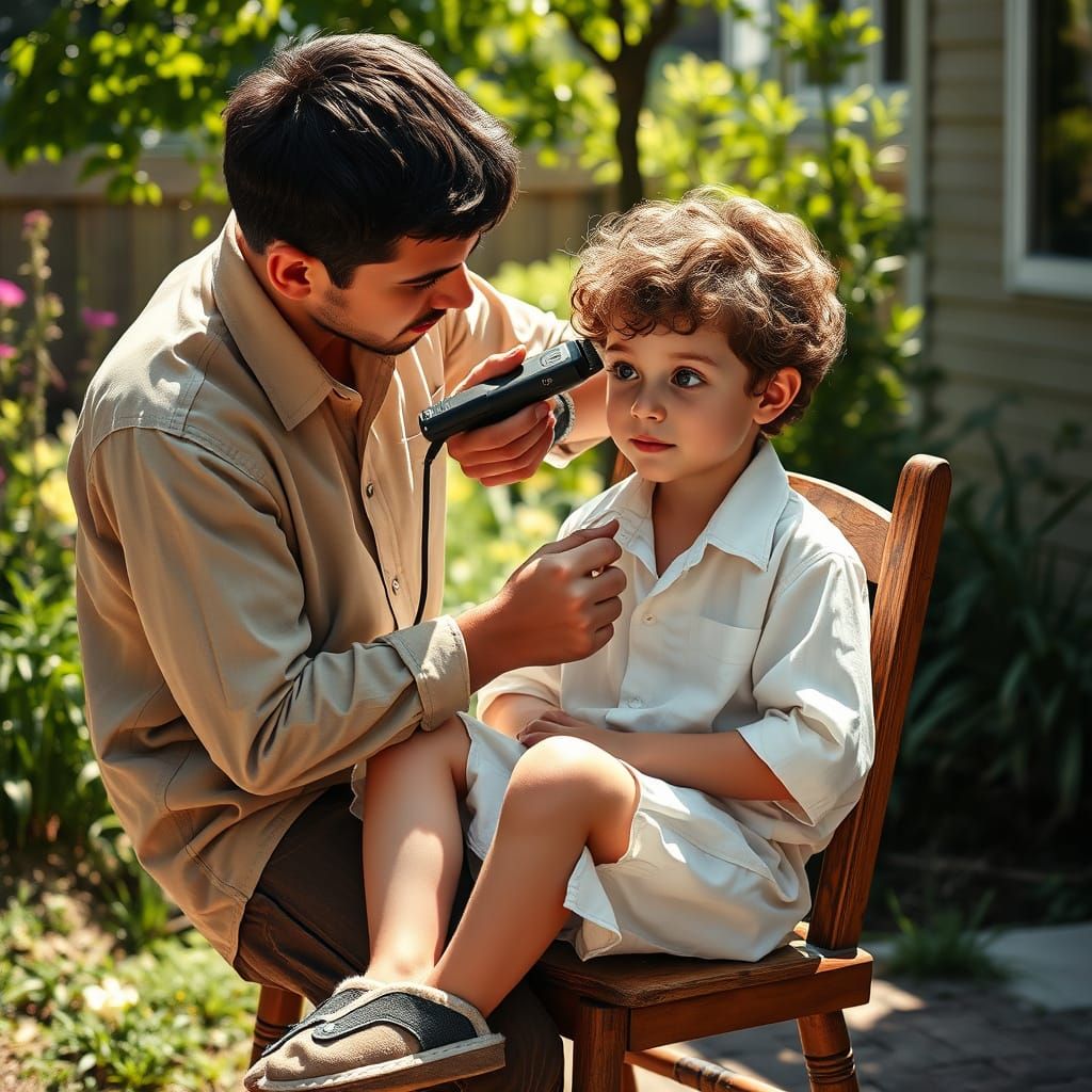Young Hasidic Boy Receives Traditional Haircut in Sunny Yard