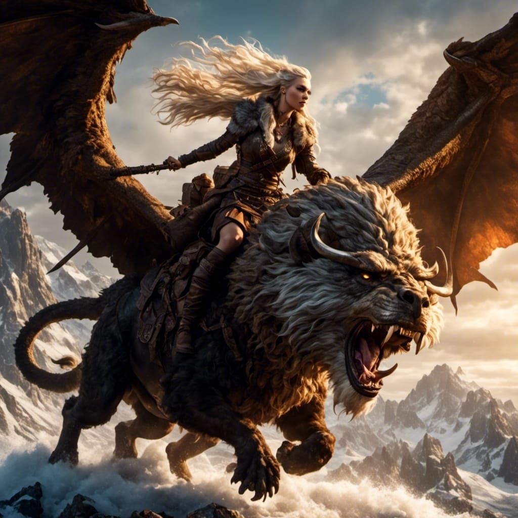 Viking Woman Rides a Winged Griffin