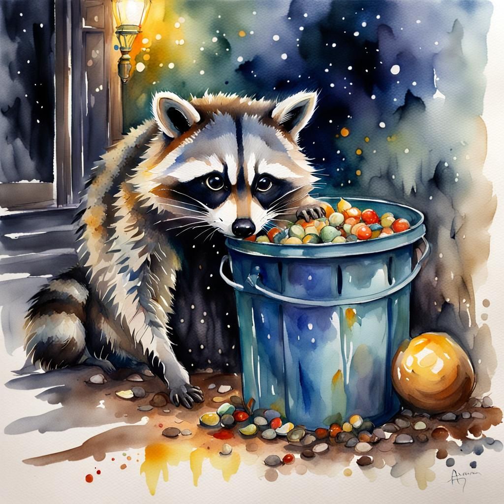 Raccoon Foraging at Night: Watercolour Fantasy