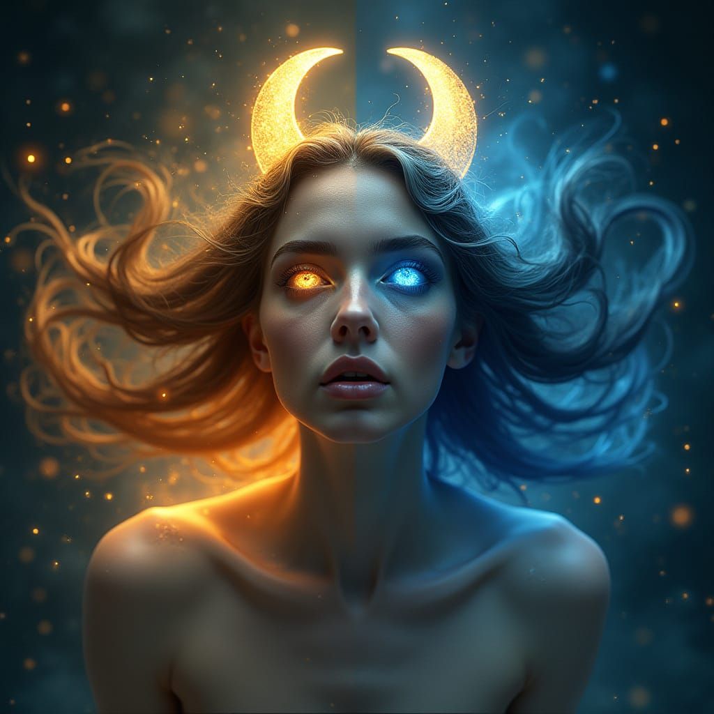 Gemini Goddess with Dual Auras Among Stars