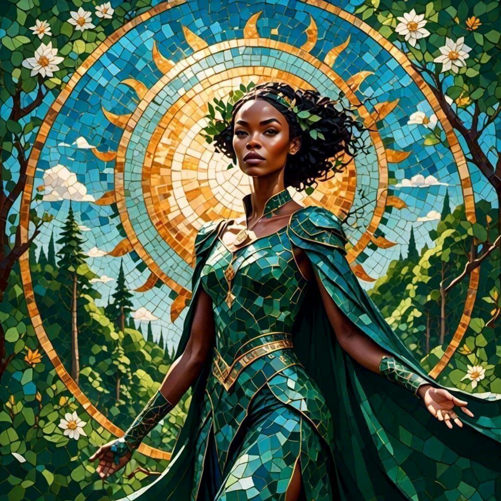 Elven Woman in Forest: Tile Mosaic Art