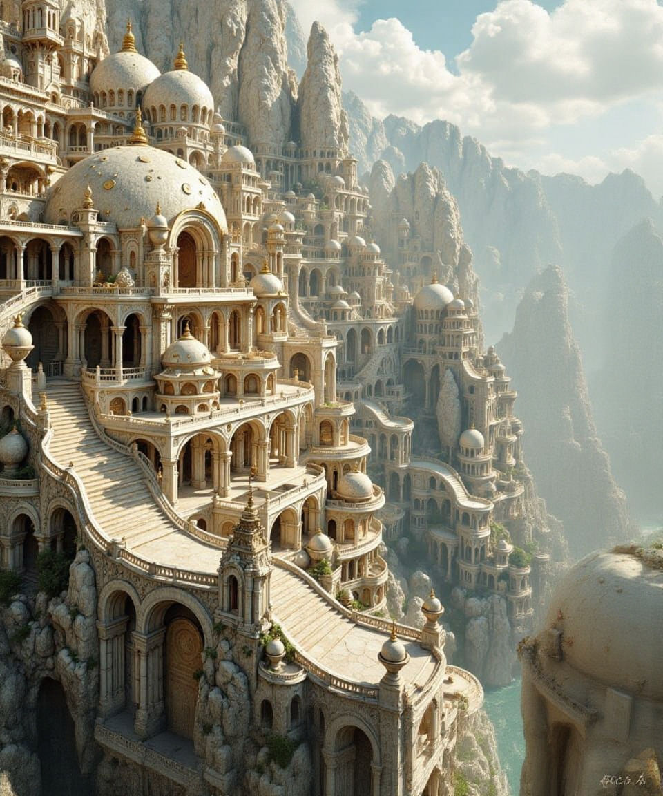 Majestic Ivory Temple City on Mountain, Digital Illustration