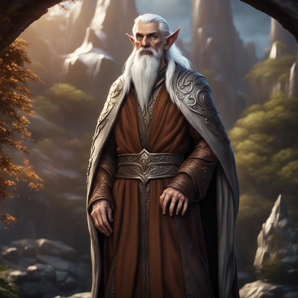 Middle Aged Elf Warlock in Detailed Matte Painting