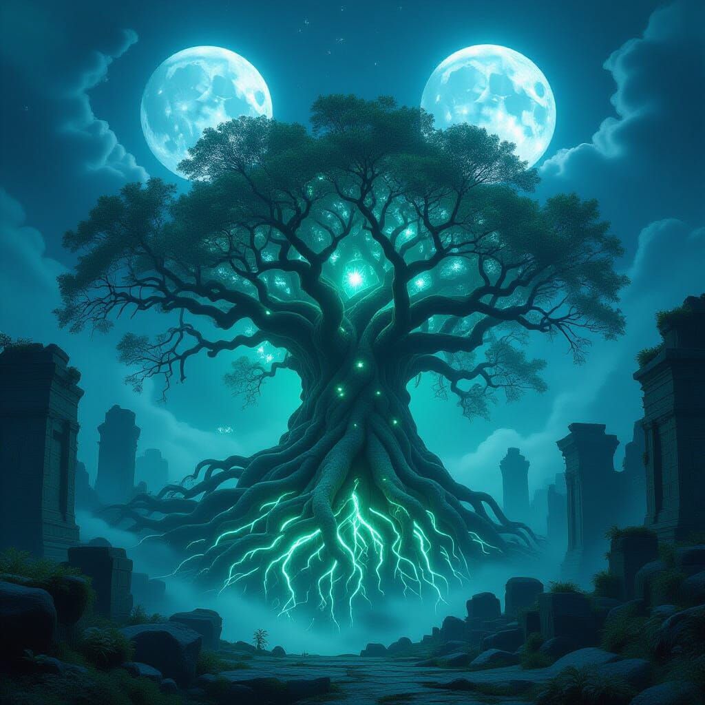 Ancient Tree with Bioluminescent Roots Amidst Ruins