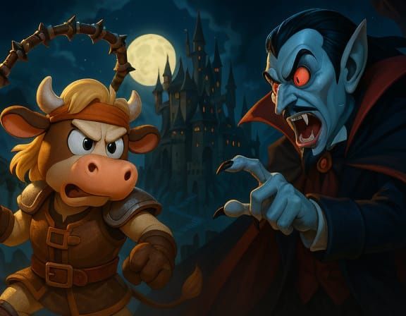 Cartoon Cow Hero vs Dracula in CGI Style